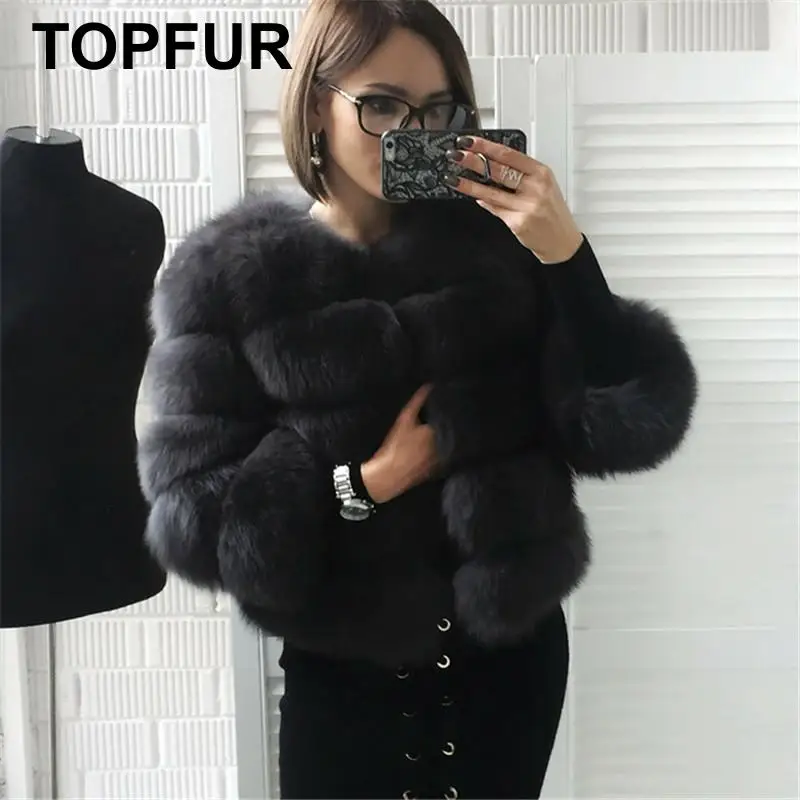 Женское зимнее пальто TOPFUR коричневое короткое из натурального меха лисы|Шубы и