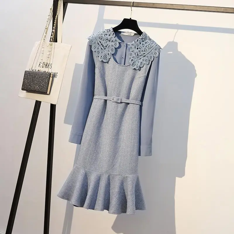 Осеннее твидовое платье размера плюс с поясом, женское платье из 2 частей, комплект в Корейском стиле, элегантный воротник Питер Пэн, блузка и платье-жилет - Цвет: Sky Blue