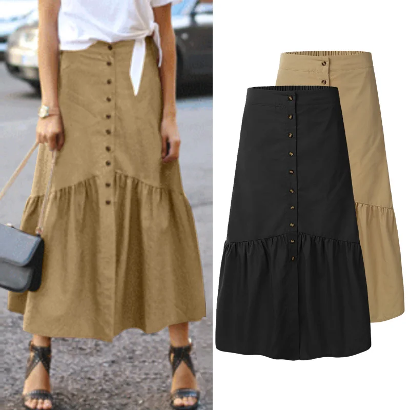 Skirt Button Pleated High-Waist-Skirt Long Ankle-Length Plus-Size Women Elegant Solid