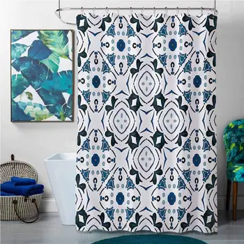 

Shower Curtains Beach Themed Abstract,Petals and Octagon Forms Royal Victorian Figures Geometry in Artwork Print,Blue Black