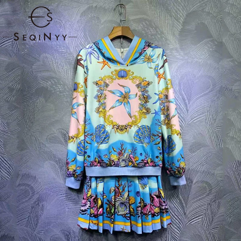 

SEQINYY Causal Suit 2021 Spring Autumn New Fashion Design Women Hooded Pullovers Top + Pleat Mini Skirt Marine Flora Fauna Print