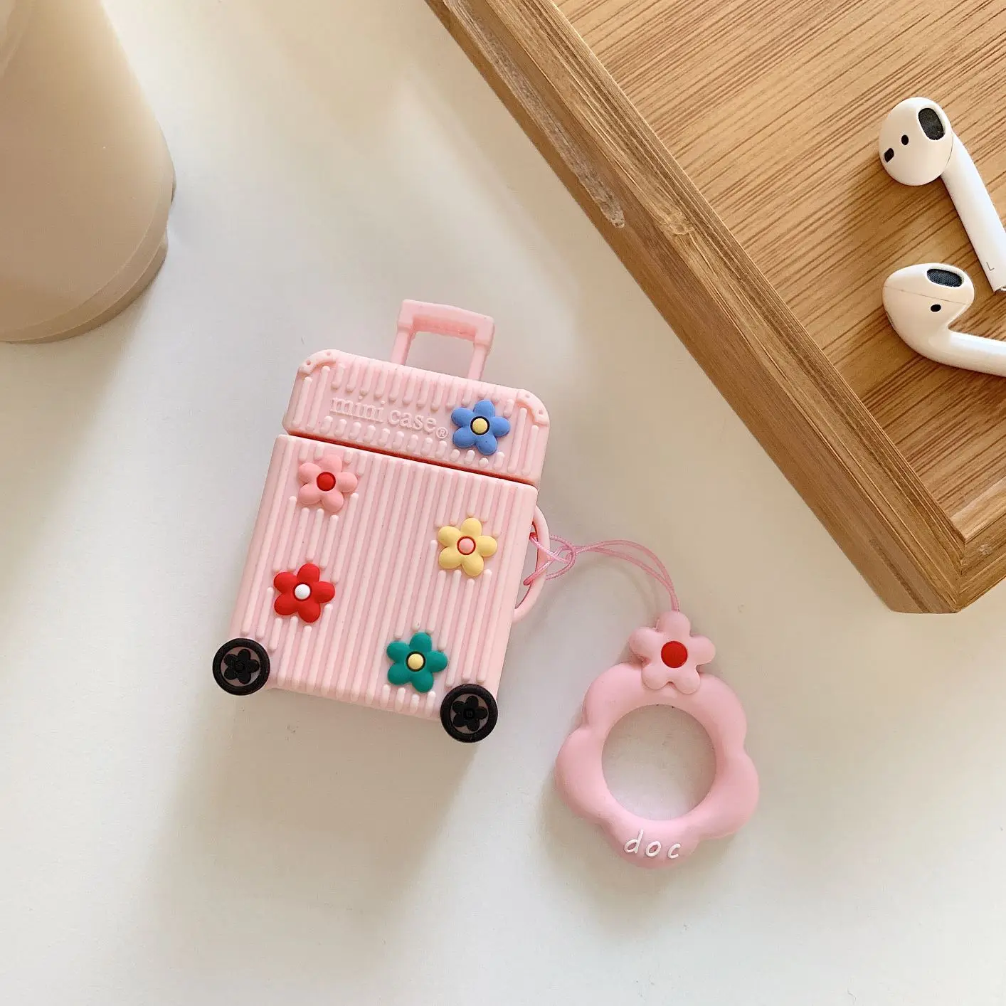 Для AirPods чехол цветок милый чемодан багажная сумка беспроводные наушники чехол для Apple Airpods Защитная крышка с кольцом брелок