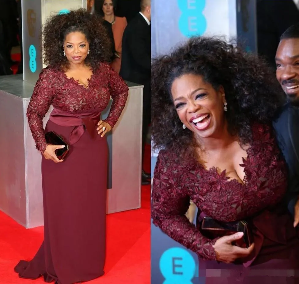 

Red Carpet Plus Size Burgundy Mother Of The Bride Dresses Oprah Winfrey V-Neck Long Sleeve Sweep Train Evening Dresses for Women