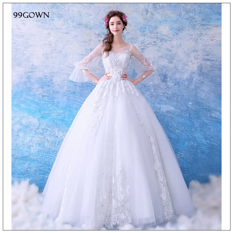 99GOWN, простое 2019 свадебное платье для женщин, рукав три четверти, расклешенный рукав, а-силуэт, Свадебное бальное платье, вышивка на