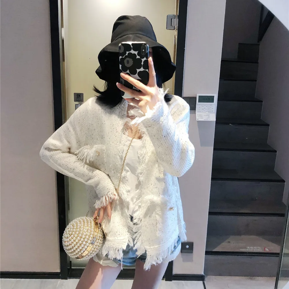 white Модная осенняя и зимняя новинка, модный однотонный вязаный кардиган с бахромой и блестками, свитер, пальто PB223 - Цвет: white
