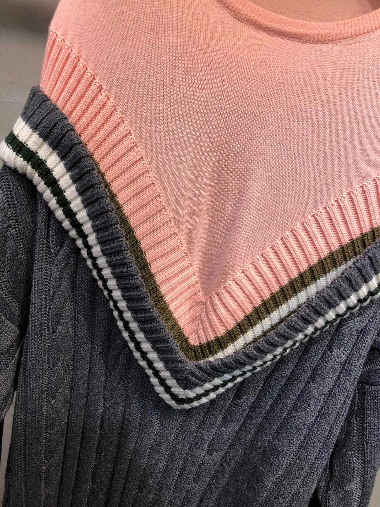 Casual Fashion Sexy New Splicing Knit Wool Sweater Dress Pink& Grey O-neck free shipping