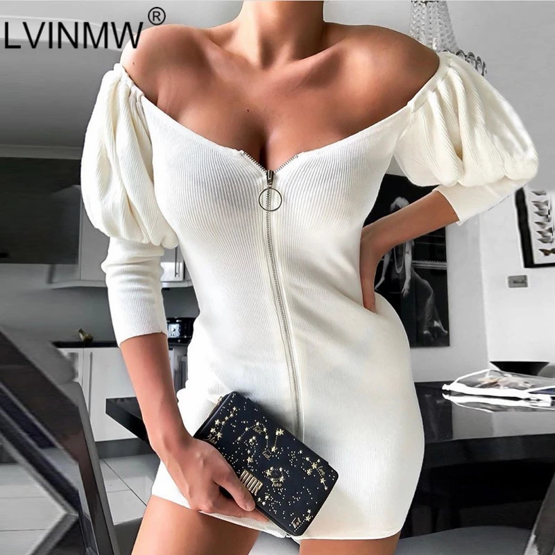 

LVINMW Solid knitting Zipper Strapless Strap Lantern sleeve Dress Autumn Winter Fashion Backless Slim Mini Dress Female Party