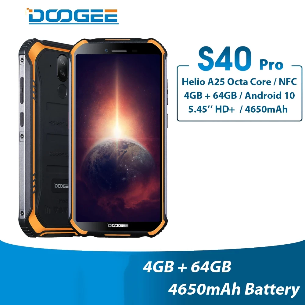 DOOGEE S40 Pro IP68/IP69K Rugged SmartPhone 5.45" NFC 4GB RAM 64GB ROM Helio A25 Octa Core Android 10 4650mAh 13MP Mobile Phone cheap android cell phones