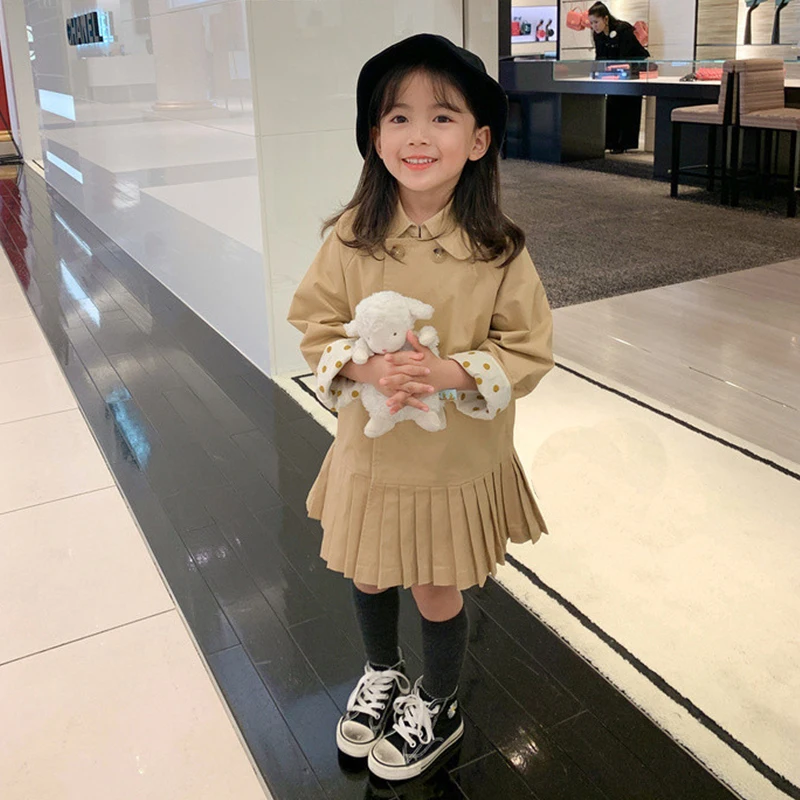 Kids Jacket Children Jacket And Coats for Girls Mid-Length Windbreaker Spring Autumn Polka Dot Pleated