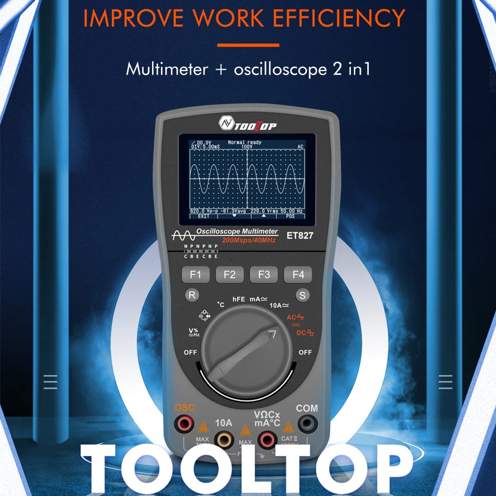 

ET827 200Msps Overload Protection Portable Battery Powered Digital Oscilloscope 2 In 1 HD Screen Handheld Multimeter Accurate