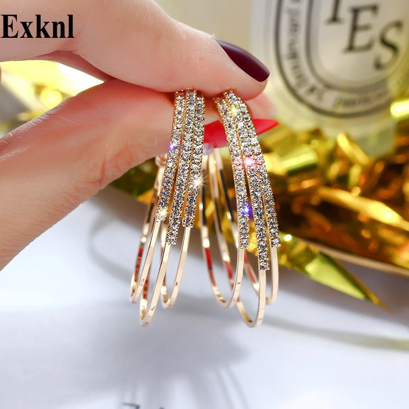

Exknl Fashion Women Jewelry Multilayer Round Hoop Earrings Shining Gold Silver Color Rhinestone Earrings for Wedding Party