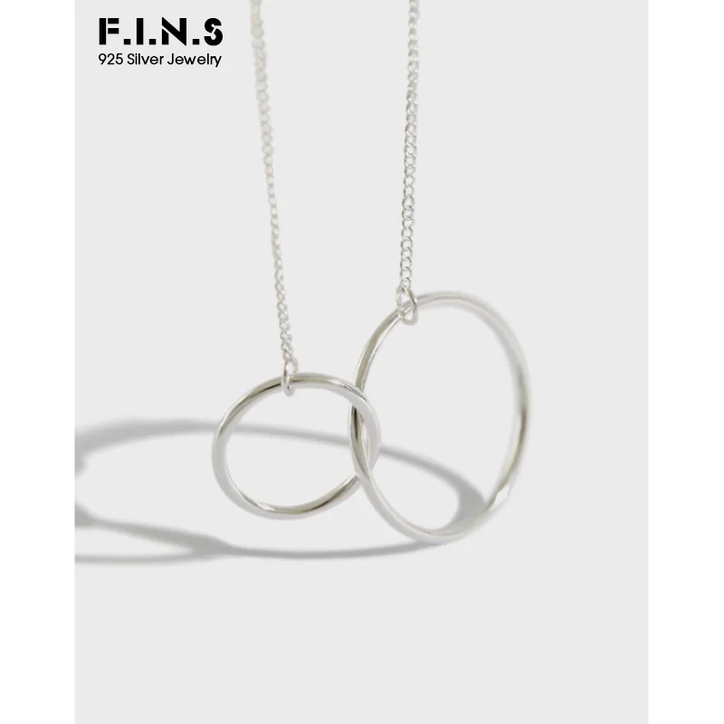 

F.I.N.S Personality 100% S925 Sterling Silver Female Necklace Korean Fashion Simple Double Crossed Circle Round Pendant Necklace