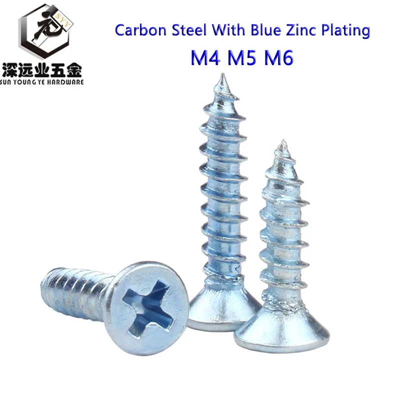 

M4 M5 M6 Carbon Steel With Blue Zinc Plating hardness Cross Recessed Flat Head Countersunk Self-tapping Phillips Flat Wood Screw