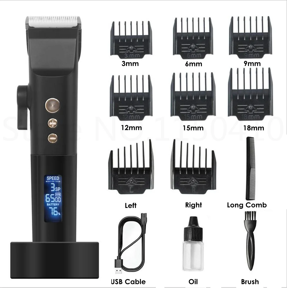 Professional Electric Hair Clipper Ceramic Barber Haircut Machine USB  Rechargeable Hair Trimmer Beard Shaver Men+8pcs Comb+Stand