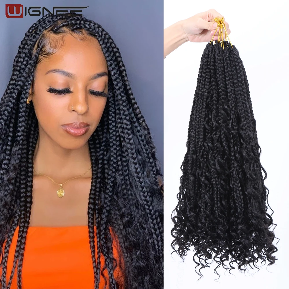 WigneeGoddess Box Braids Crochet Hair Bohomian Crochet Box Braids Curly Ends 3X Crochet Braids Synthetic Braiding Hair Extension