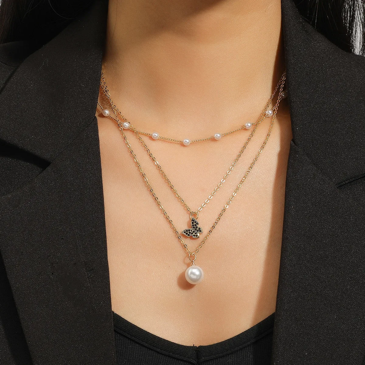 

New Specially Designed for Women Pearl Necklace Gold Color Multi Layer Butterfly Shape Necklace Engagement Gift