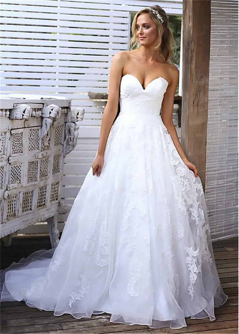 

Sweetheart Lace Appliques A-Line Wedding Dresses Sexy Zipper Back Backless Bridal Gowns Spring Sleeveless