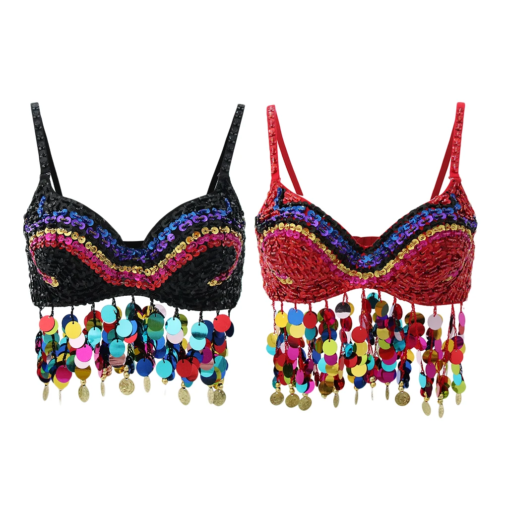 Glitter Tribal Belly Dance Bra Top with Sequins Tassels Dancing Costume