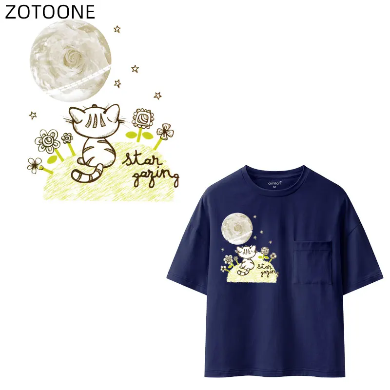 

ZOTOONE Big Patch Iron on Vinyl Cat Planet Patches for Clothing T-shirt Cute Stickers for Kids Heat Transfers DIY Appliques G