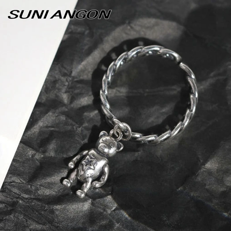 

Cute Bear Drop Open Ring 100% 925 Sterling Silver Rough Chain Animal Pendant Ring Antique Silver Pentagram Elegant Women Ring