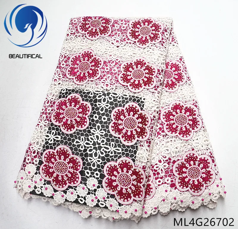 

BEAUTIFICAL Nigerian lace fabrics Latest design guipure cord lace mix Flannel fabrics with beads and stones 5yards/lot ML4G267