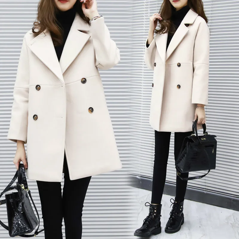 Женское шерстяное пальто элегантное двубортное из смешанной шерсти на осень и
