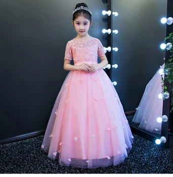 

Pink Lace Flower Girl Dresses Appliques Party Pageant Communion Gown for Wedding Little Girls Princess Dress Long Evening Dress