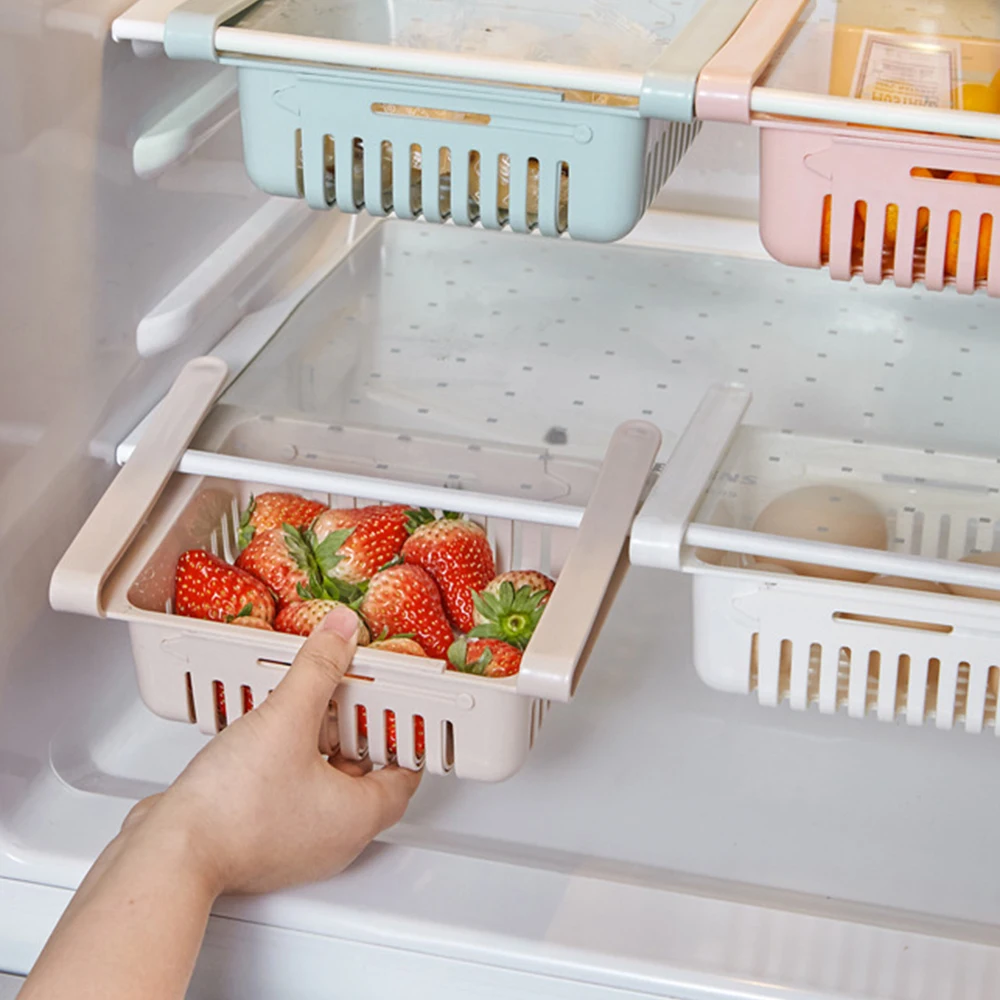 

2Pcs Kitchen Accessories Storage Container Refrigerator Organizer Adjustable Plastic Fridge Storage Baskets Pull-out Drawer