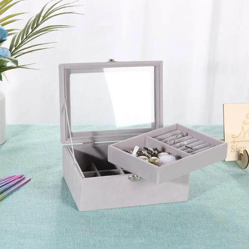 

2 Layer Rotary Velvet Gray Carrying Case Jewelry Ring Display Tray Holder Women Earrings Ring Organizer Square Box Jewelry Box