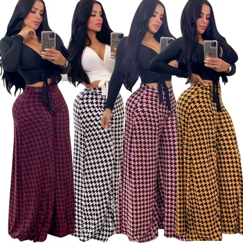 

High elastic multi-color Multi Size thousand bird pattern printed casual wide leg pants plaid pants women