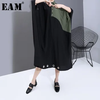 

[EAM] Women Contrast Color Split Big Size Shirt Dress New Lapel Three-quarter Sleeve Loose Fit Fashion Spring Summer 2020 1T966