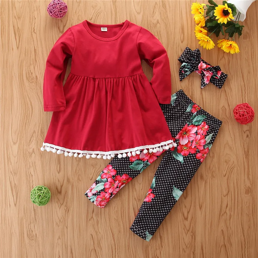 

Casual suits girls long tops floral floral pants hair band 3 sets girls photo clothing 2-8Y