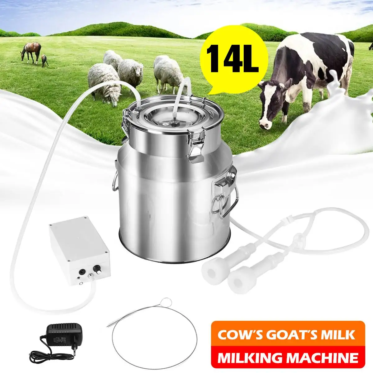 14L Electric Milking Machine Stainless Steel Milker Farm Cow Goat Vacuum Suction Pump Bucket Automatic Cattle Equipment | Дом и сад