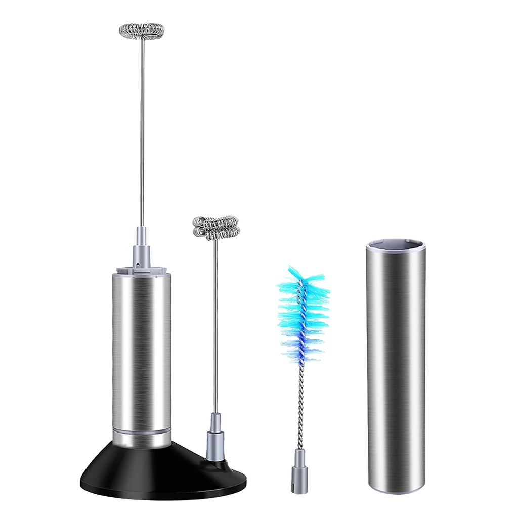 Handheld Electric Milk Frother with Single Double Whisk Head & Cleaning Brush