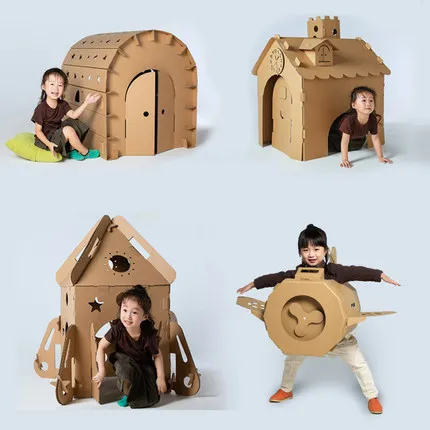 - Cardboard Box Play House For Kids Paper Shell Box Hut Kindergarten Manual DIY Assembly Tent Castle Toy Montessori Game Gift