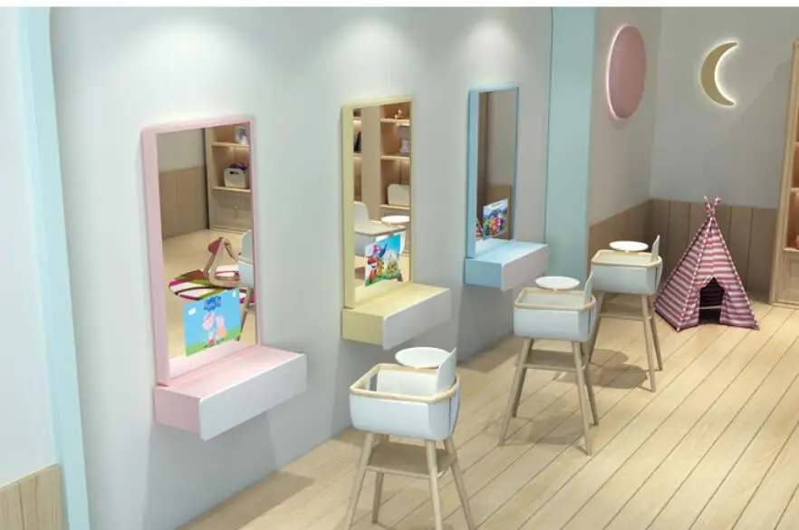 Children's cartoon color Android smart hairdresser, haircut and beauty salon, solid wood with drawer and WiFi to watch animation