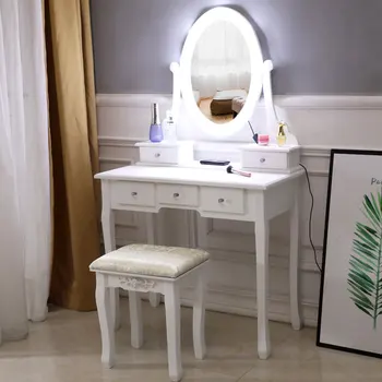 

Makeup Dressing Table With 5 Drawer Mirror Bulb Vanity Set With Lighted Mirror Cushioned Stool Home Wedding Decoration Gift 2020