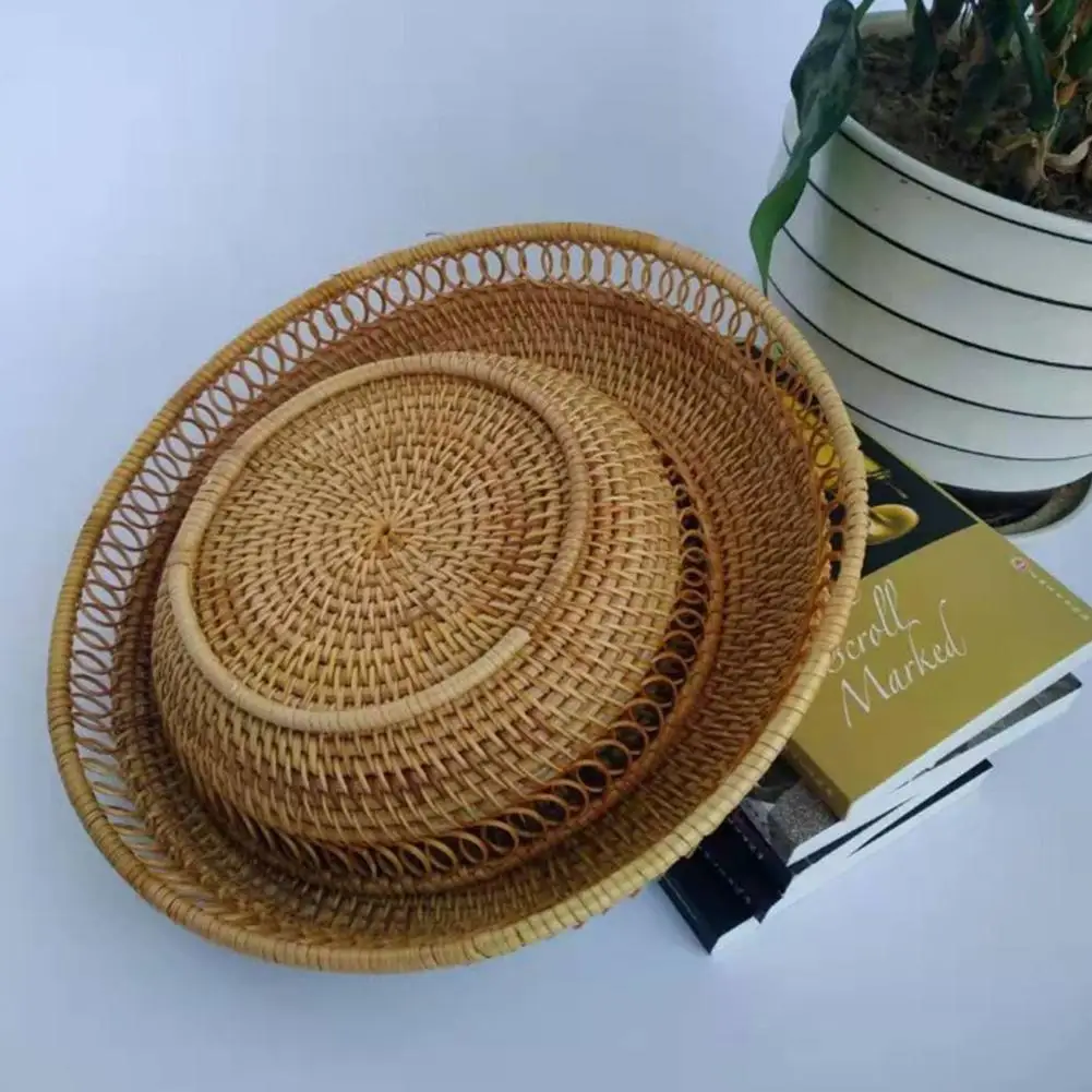 Wicker Basket Handmade Storage Basket Hand-woven Rattan Fruit Basket Snack Candy Storage Organizer Tableware Home Decoration