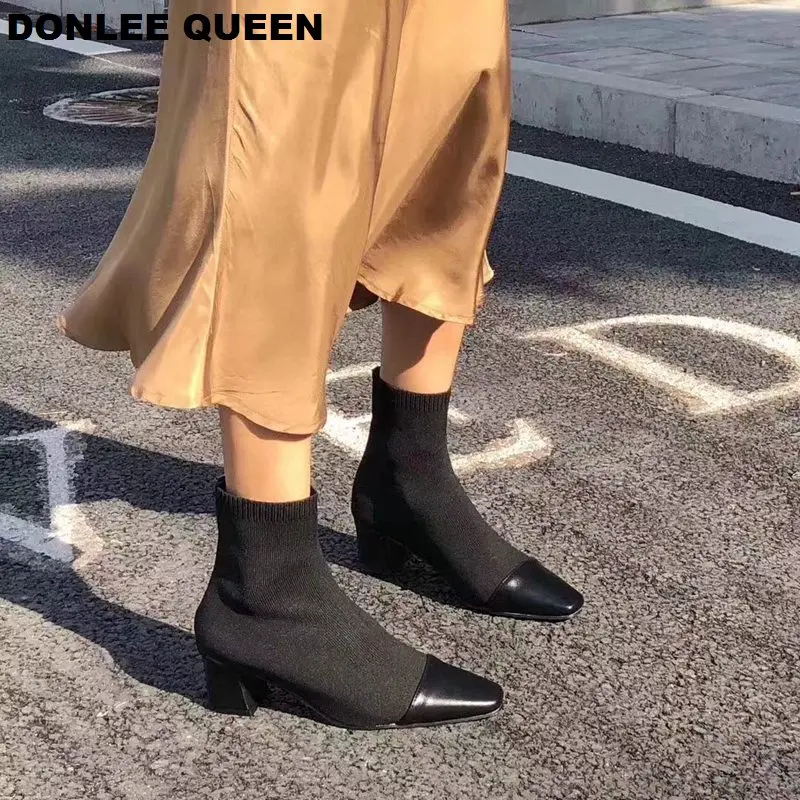 Fashion Slim Stretch Ankle Boots Women Round Toe Sock Boots Low Heel Stretch Knit Boots Elegant women's shoes   zapatos de mujer