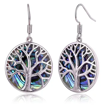 

Silver Plated Round Abalone Shell Tree of Life Dangle Earrings for Elegant Women Ethnic Style Jewelry