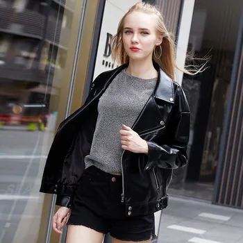 

Short PU Leather Jackets Fashion Zipper Motorcycle Coat 2020 New Spring Autumn Black Loose Biker Leather Coats Outwear