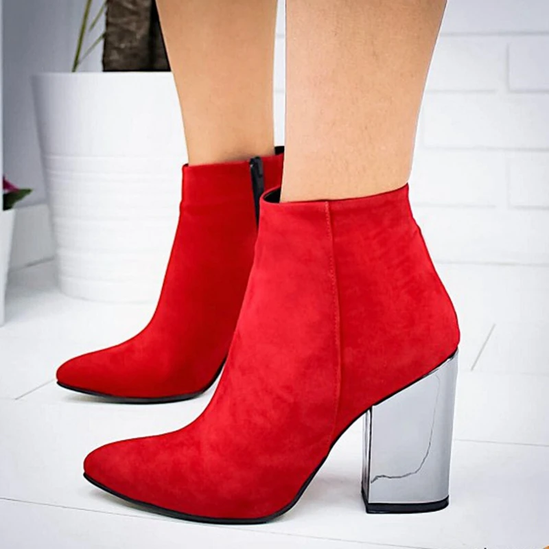 

SHUJIN European Pointed Toe Girl Boots Flock Solid Woman Solid Boots Boots Autumn Winter 2019 New High-heeled Shoes