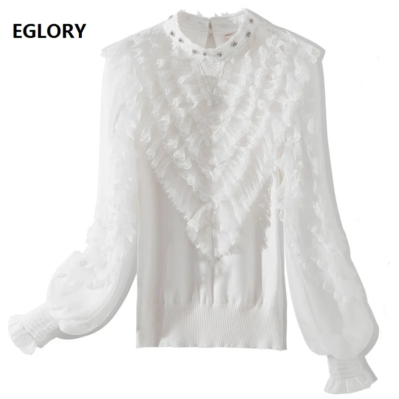 

High Quality Sweaters and Pullovers 2021 Spring Autumn Tops Women Ruffle Lace Beading Deco Long Sleeve Knitted Tops White Red