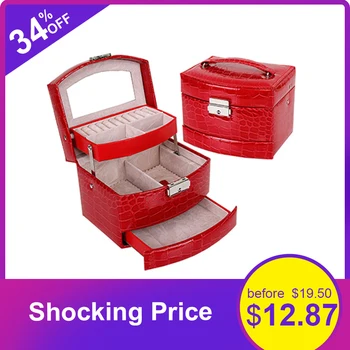 

JULY'S SONG Leather Jewelry Box Organizer For Women Three-layer Earring Ring Cosmetic Storage Box Makeup Jewelry Organizer