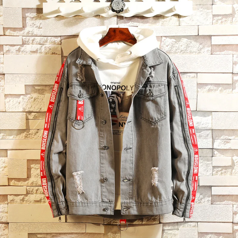 

INS Online Celebrity Celebrity Style Gray Retro Denim Jacket Men's Korean-style Trend Loose-Fit Zipper with Holes Teenager Coat