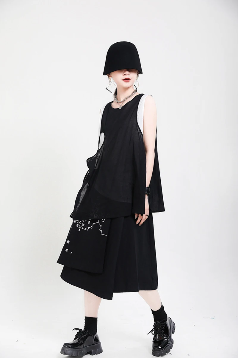 [EAM] High Elastic Waist Black Pattern Printed Irregular Half-body Skirt Women Fashion Tide New Spring Autumn 2020 1X349