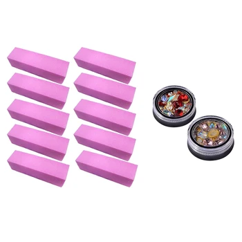 

2 Set Nail Art Decoration: 10Pcs Buffer Buffing Sanding Block File Manicure & 2Box 3D Tip Shaped Crystal Glass Diamond