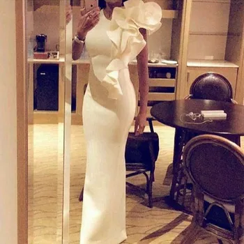 

vestidos-de-fiesta Simple Elegant White Mermaid Slim Long Gown robe de soiree O-Neck Ruffles Floor Length Party bridesmaid dress