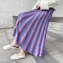 Qooth новые юбки дизайнерские Подиумные летние женские вязаные юбки с люрексом винтажные Цветные Лоскутные Полосатые модные юбки QH1811