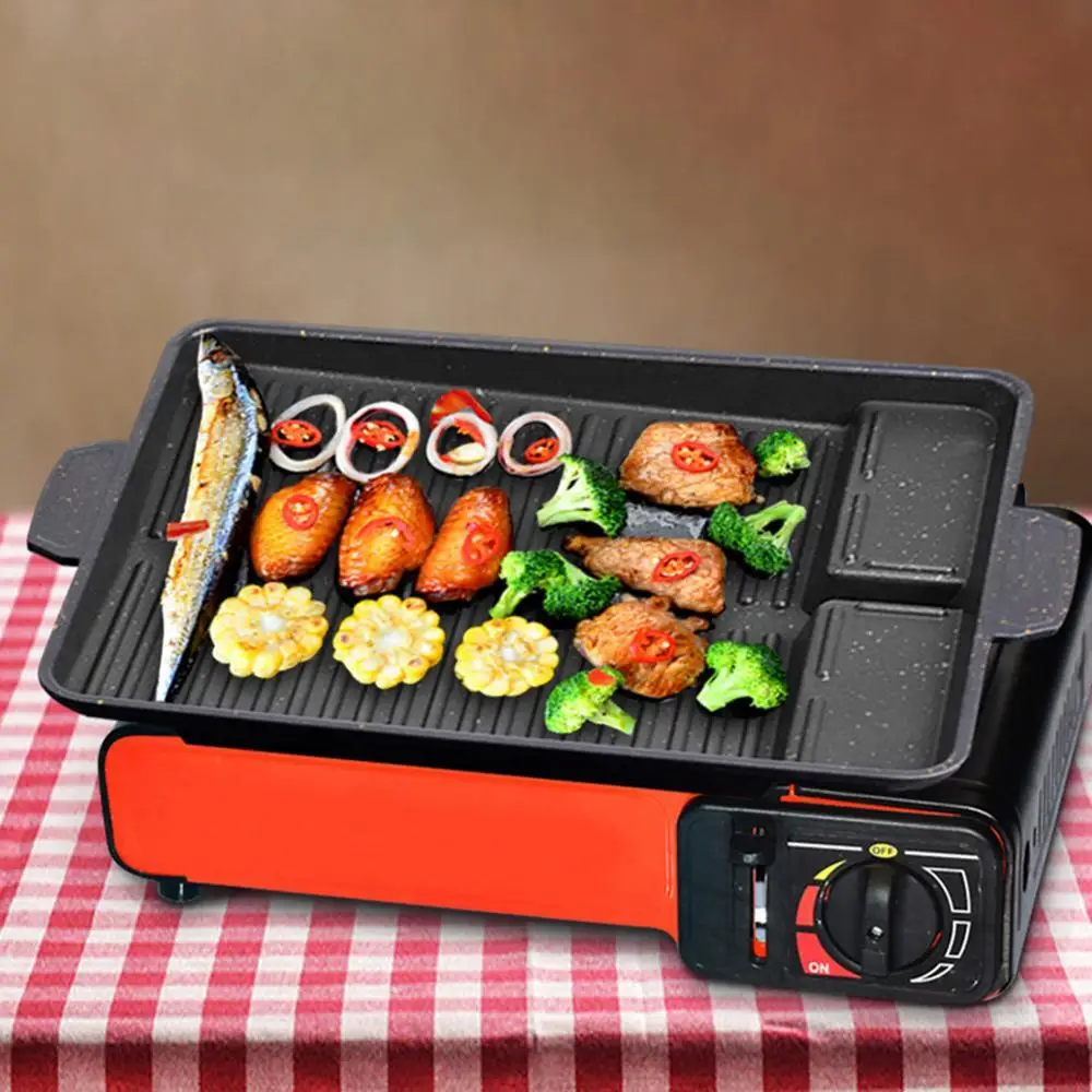 BBQ Grill Pan Non-Stick Smokeless Charcoal Grill Plate for Butane Gas Stove Party Picnic Terrace Beach Barbecue Tray Pan